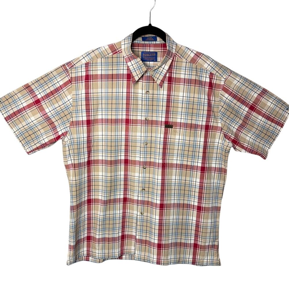 Pendleton Mens Button Up Shirt Plaid Short Sleeve 100% Cotton Size L Cabincore